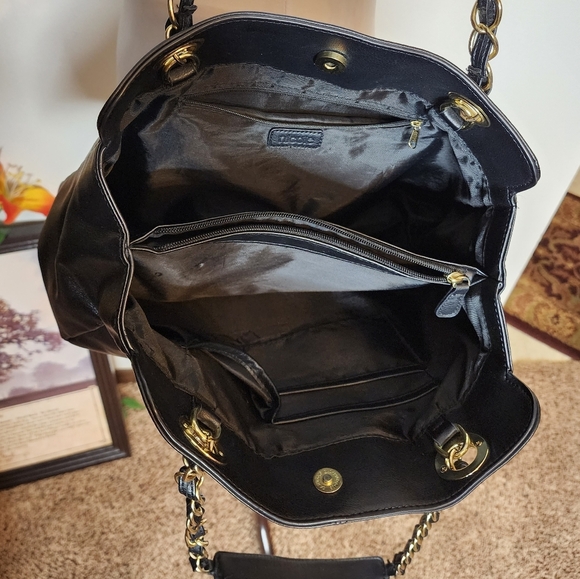 Nicole Miller Chain Tote Shoulder Bag PU Leather Purse Black Gold Vegan - Picture 7 of 14